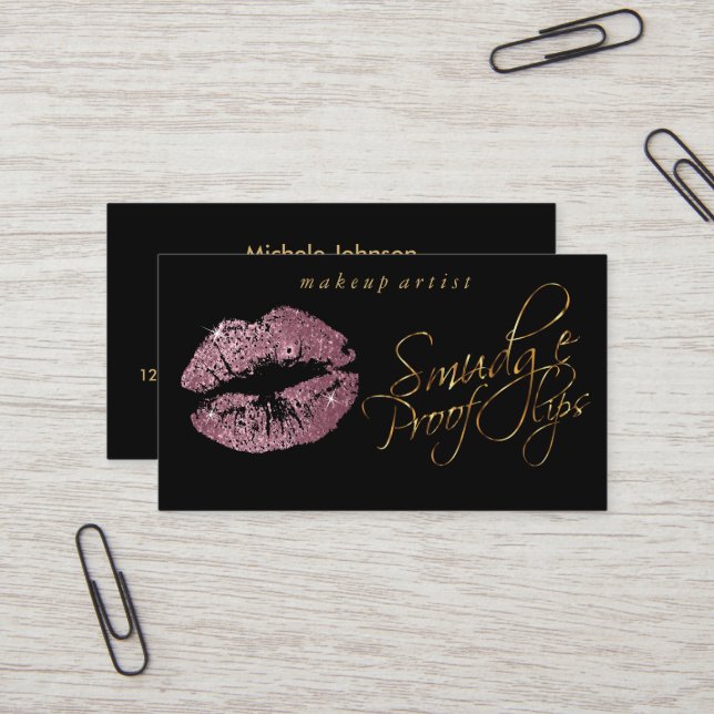 Smudge Proof Lips -Pink Rose and Elegant Gold Business Card (Front/Back In Situ)