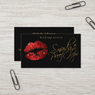 Smudge Proof Lips - Red Glitter and Elegant Gold Business Card
