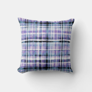 Smudgy Modern Purple Plaid Throw Pillow
