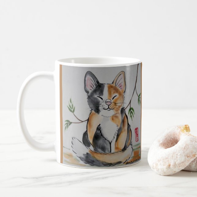 Smug Calico Cat and Bamboo Oriental Style Tile Art Coffee Mug (With Donut)