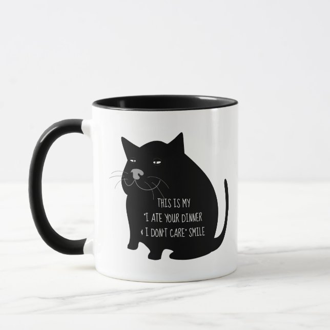 Smug Fat Black Cat Funny Quote Mug (Left)