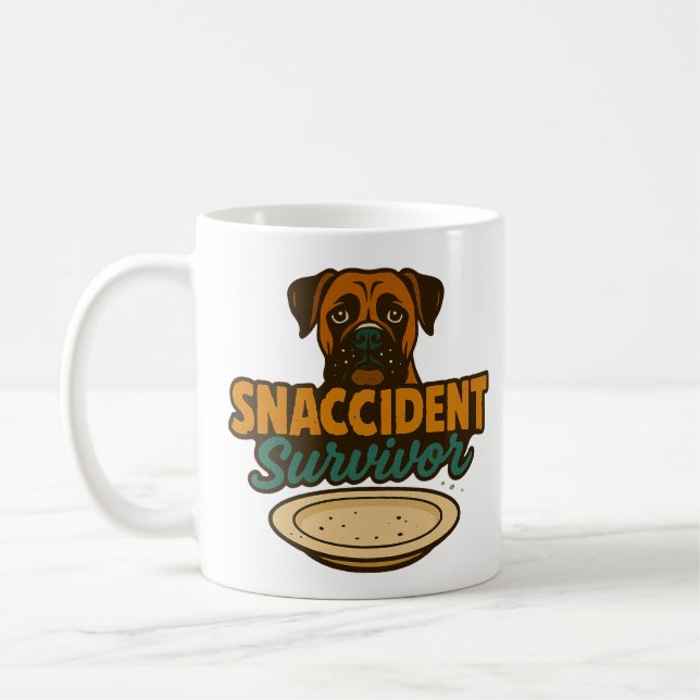 "SNACCIDENT Survivor" Funny Boxer Dog Mug (Left)