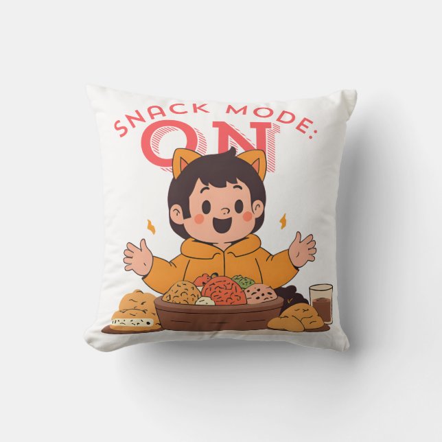 Snack Mode: ON – Cute Cartoon Character with Snack Throw Pillow (Front)