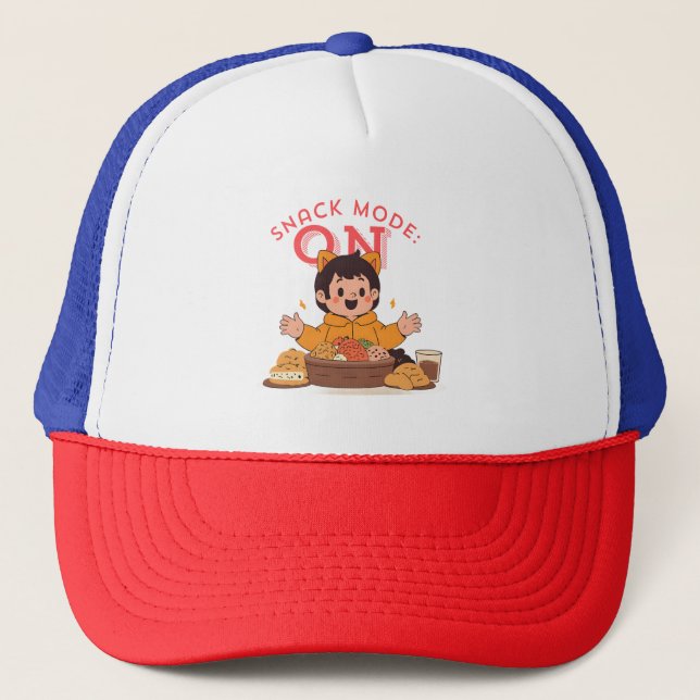 Snack Mode: ON – Cute Cartoon Character with Snack Trucker Hat (Front)
