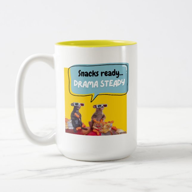 Snacks Ready, Drama Steady Two-Tone Coffee Mug (Left)