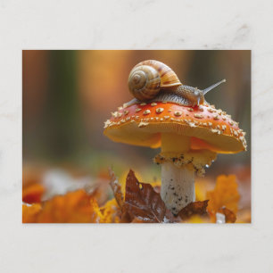 Snail atop the mushroom cute nature scene postcard