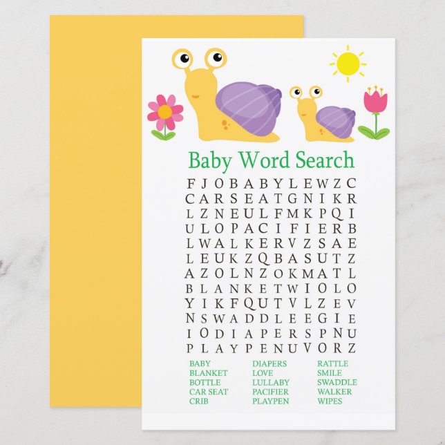 Snail Baby Shower Word Search Game (Front/Back)
