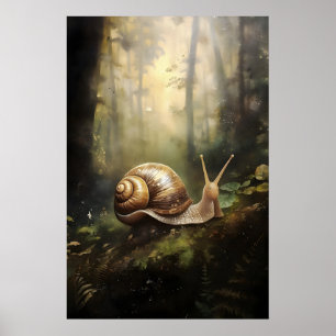 Snail In Autumn Forest Print, Moss Fern Woodland Poster