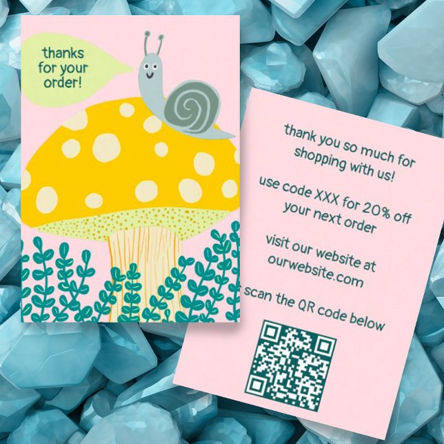 Snail Magical Mushroom CUSTOM Order Thanks QR Business Card (Cute business card thank you for your order with snail and mushroom, custom QR code, discount code)