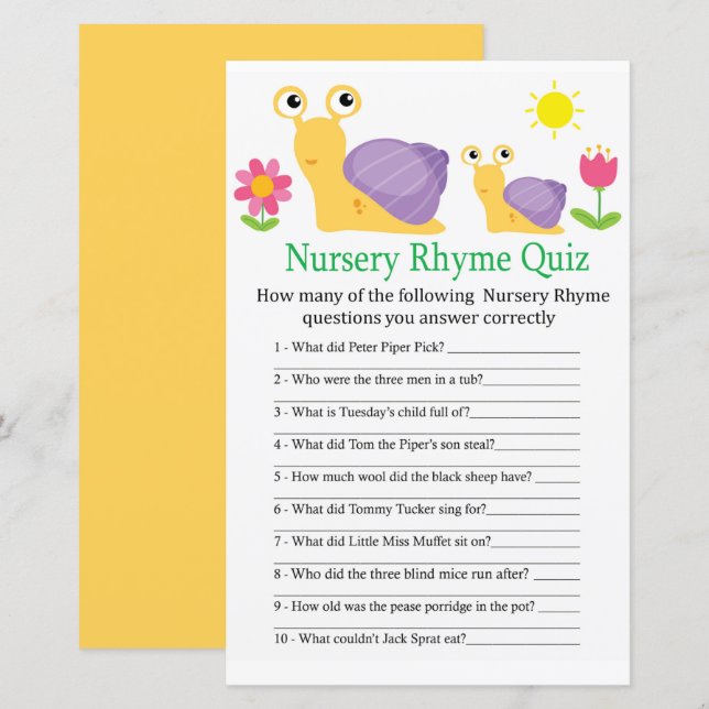 Snail Nursery Rhyme Quiz baby shower game (Front/Back)