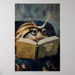 Snail Reading Book Art Print - Cute Whimsical Wall