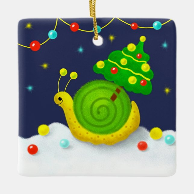 Snail with Christmas Tree Ceramic Ornament (Front)