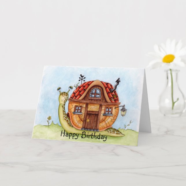 Snail With House On Back Watercolor Birthday  Card (Small Plant)