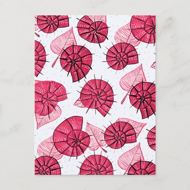 Snails And Leaves Nature Lover Pattern In Pink Postcard (Front)