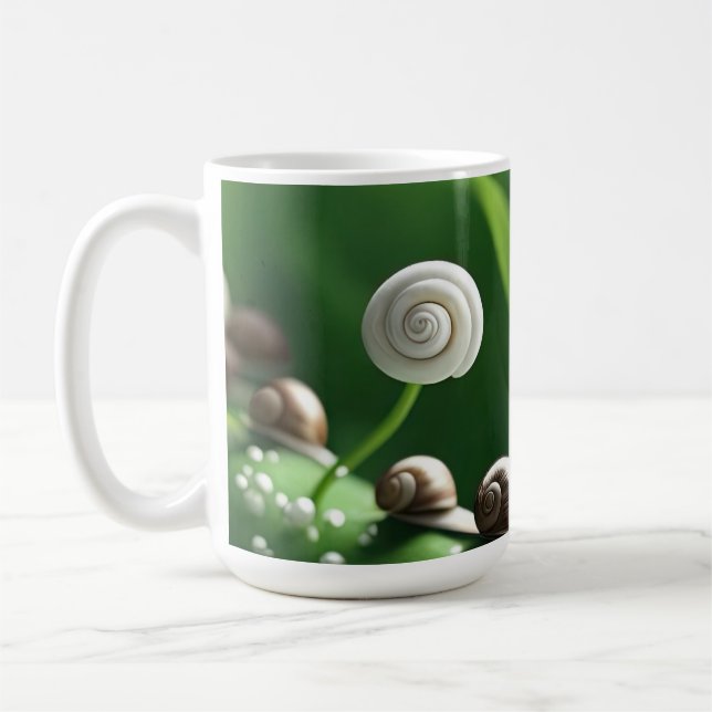 Snails lined up on green plants coffee mug (Left)