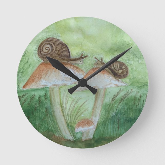 Snails on Mushrooms, Sage Background Wall Clock (Front)