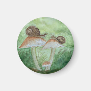 Snails on Mushrooms, Sage BG, Round Magnet