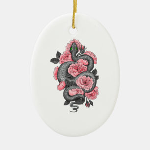 Snake and peach roses ceramic ornament