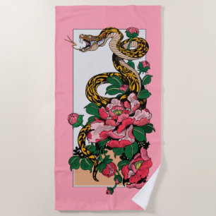 snake and peony flower beach towel