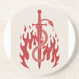 Snake and Sword Risograph Art Print Red Flame Coaster
