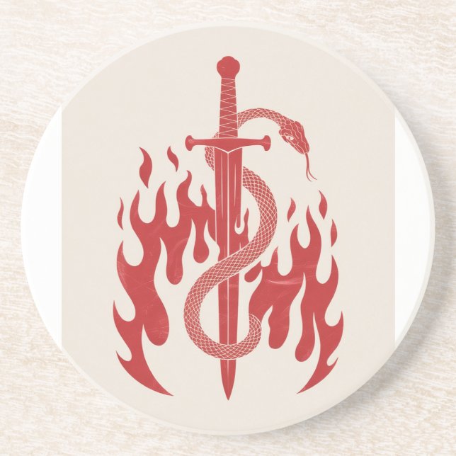 Snake and Sword Risograph Art Print | Red Flame  Coaster (Front)