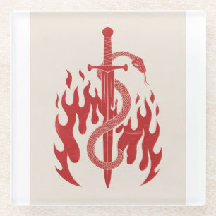 Snake and Sword Risograph Art Print Red Flame Glass Coaster