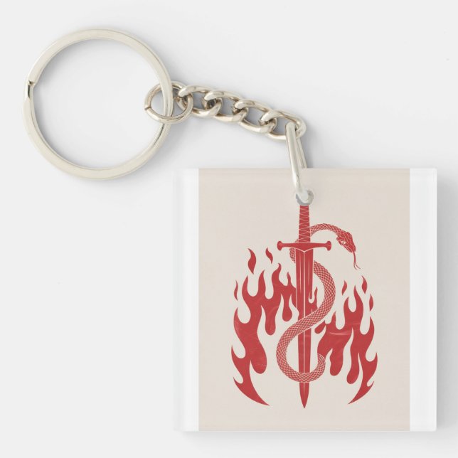 Snake and Sword Risograph Art Print | Red Flame  Keychain (Front)