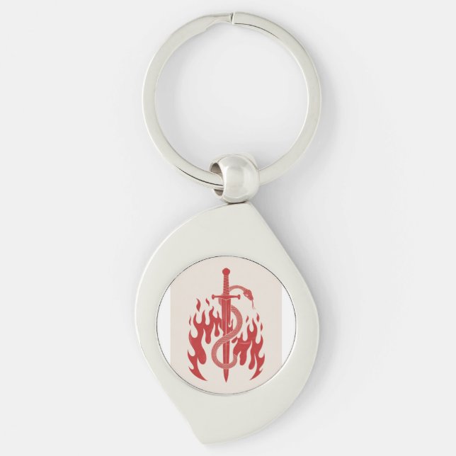 Snake and Sword Risograph Art Print | Red Flame  Keychain (Front)