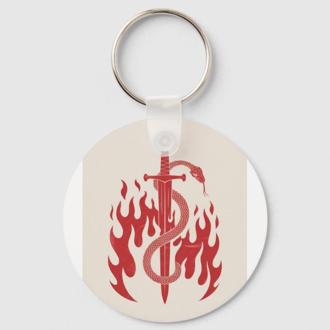 Snake and Sword Risograph Art Print | Red Flame  Keychain (Front)