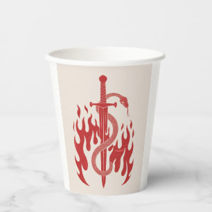 Snake and Sword Risograph Art Print Red Flame Paper Cups
