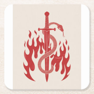 Snake and Sword Risograph Art Print Red Flame Square Paper Coaster