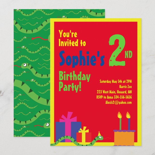 Snake Animal Kid's Birthday Party Invitations (Front/Back)