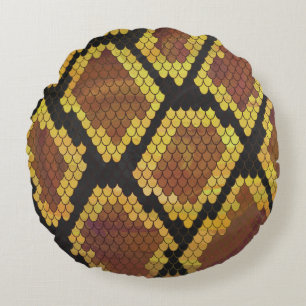 Snake Brown and Gold Print Round Pillow