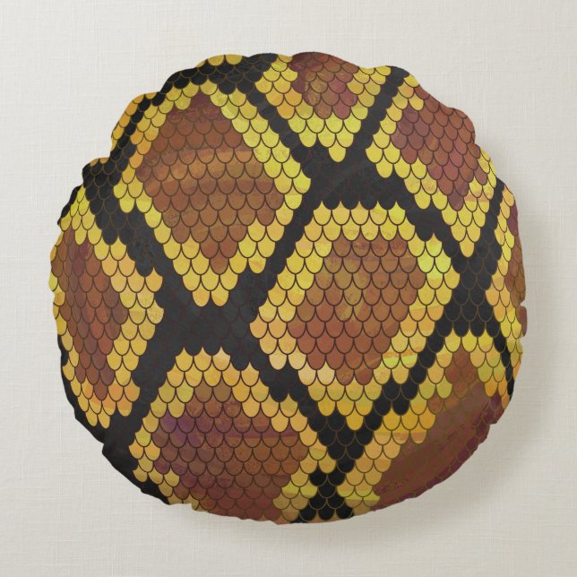 Snake Brown and Gold Print Round Pillow (Front)