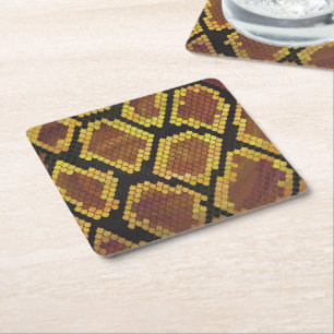 Snake Brown and Gold Print Square Paper Coaster