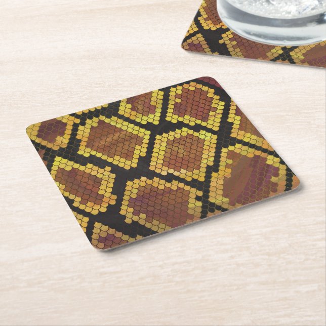Snake Brown and Gold Print Square Paper Coaster (Angled)