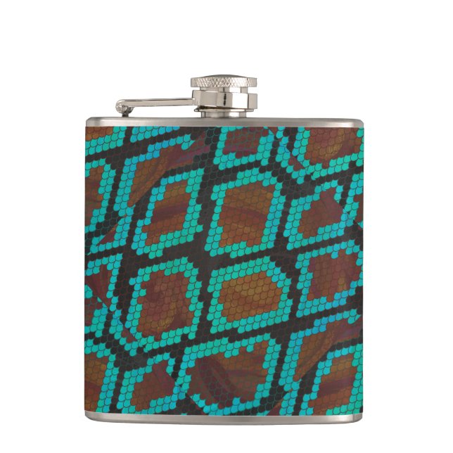 Snake Brown and Teal Print Hip Flask (Front)