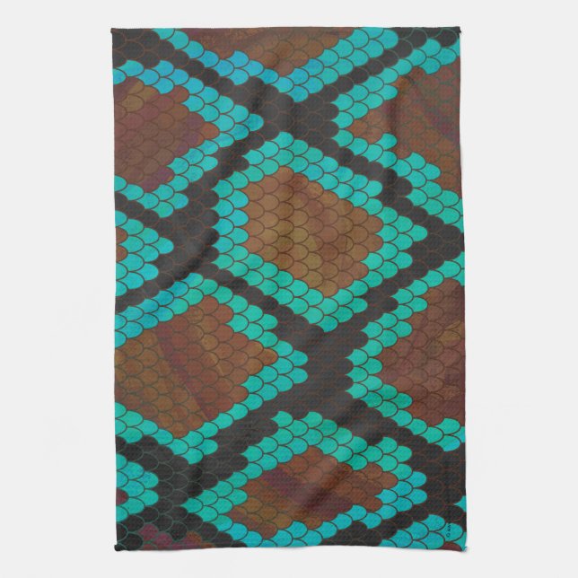 Snake Brown and Teal Print Kitchen Towel (Vertical)