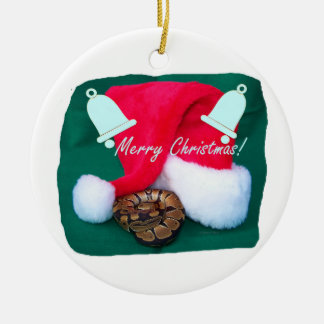 Snake by santa hat merry christmas and bells ceramic ornament