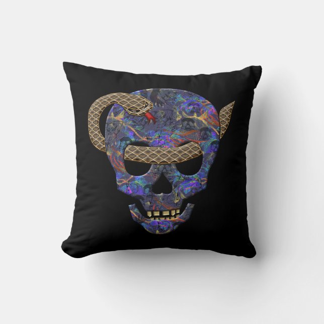 Snake Coiled Around Skull Thru Eyes Throw Pillow (Front)