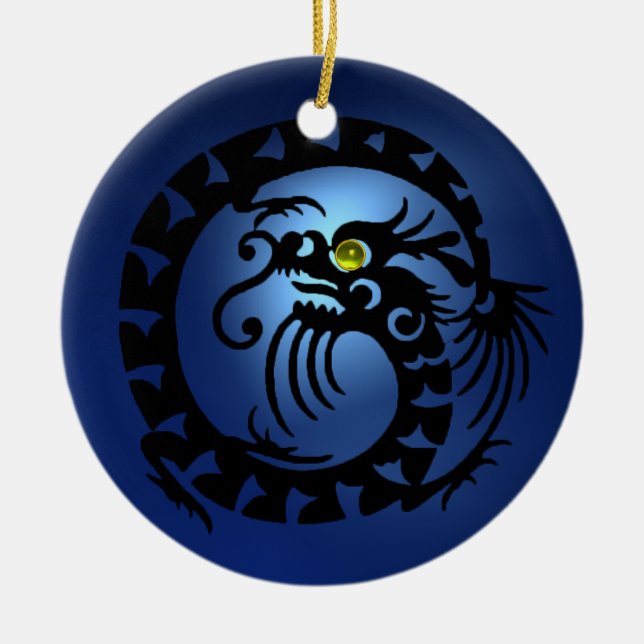 SNAKE DRAGON Black and Blue Sapphire Ceramic Ornament (Front)