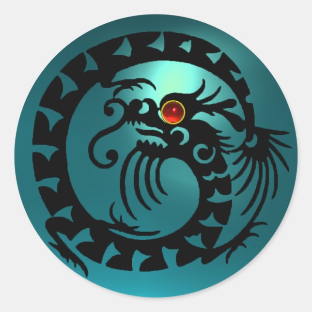 SNAKE  DRAGON  black,aquamarine blue,red ruby Classic Round Sticker (Front)