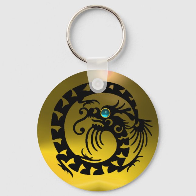 SNAKE DRAGON,black,blue aquamarine,yellow topaz Keychain (Front)