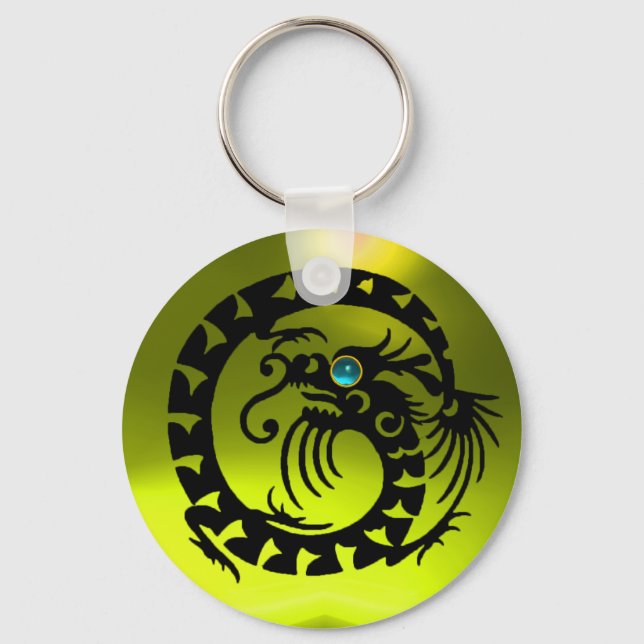SNAKE DRAGON,black,blue aquamarine,yellow topaz Keychain (Front)