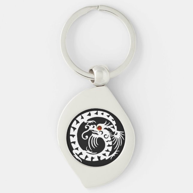 SNAKE  DRAGON, Black,White ,Red Ruby Keychain (Front)