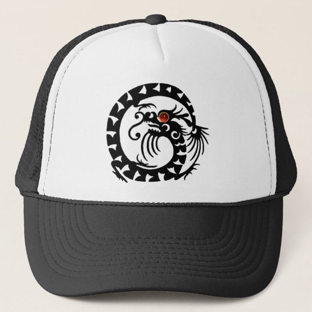 SNAKE DRAGON RUBY, black and white red Trucker Hat (Front)