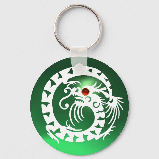 SNAKE DRAGON,white,red  ruby, green jade Keychain (Front)