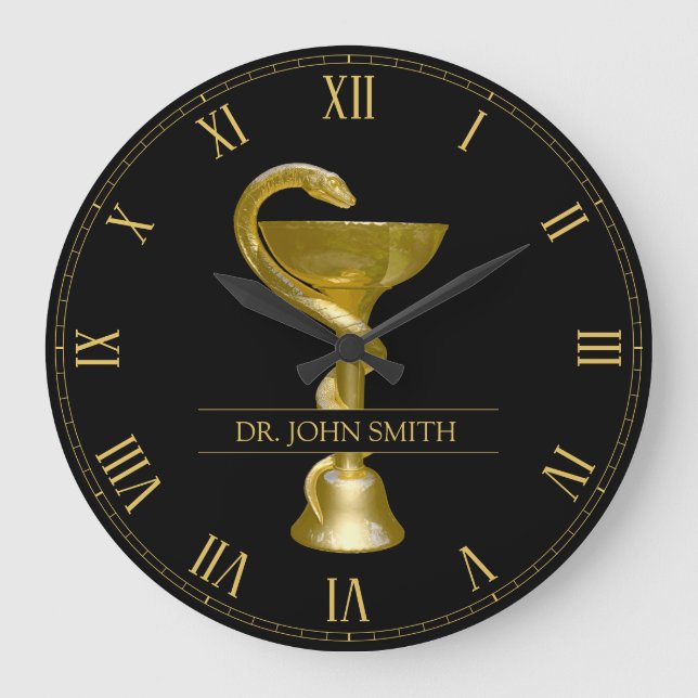 Snake Medical Bowl Hygieia Gold Caduceus Name Large Clock (Front)