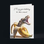 Snake Morphing Out of a Banana Card<br><div class="desc">A surreal combination of a banana and a rattlesnake is depicted with the snake emerging from the peeled fruit,  mouth open,  and fangs visible.
All text can be edited.</div>