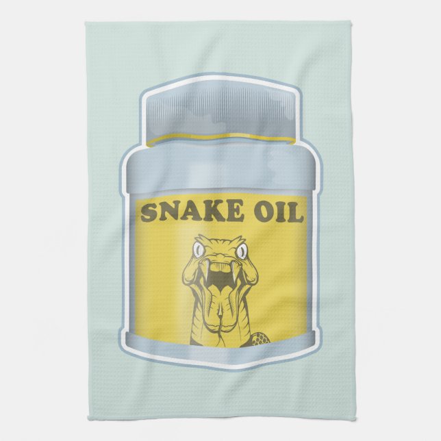 Snake oil alternative medicine kitchen towel (Vertical)